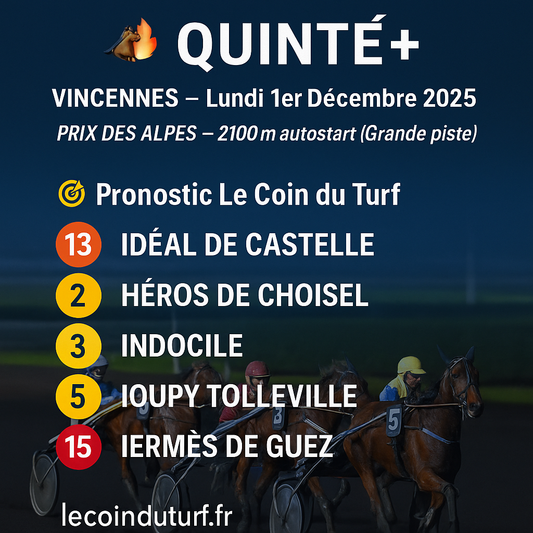 PRONOSTIC QUINTÉ+ – Lundi 1er Décembre 2025 – Vincennes R1C1 – Prix des Alpes – 2100m autostart
