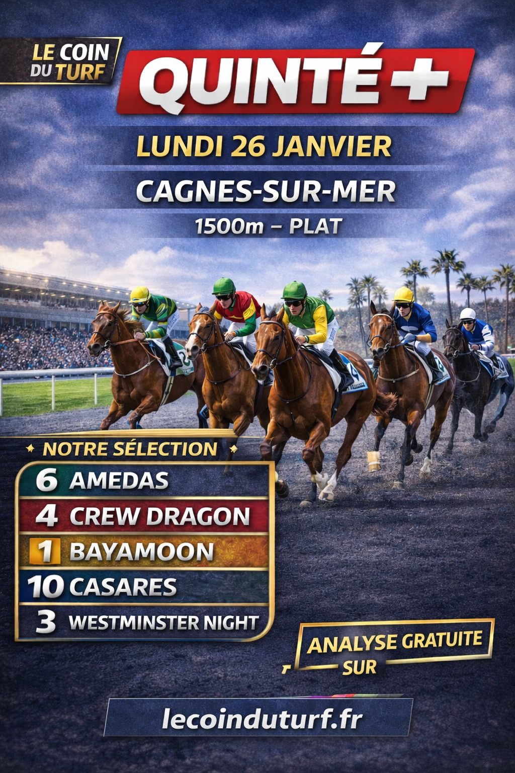 Analyse Quinté+ du lundi 26 janvier 2026 Cagnes-sur-Mer – R1 C3 – Prix de Marseille