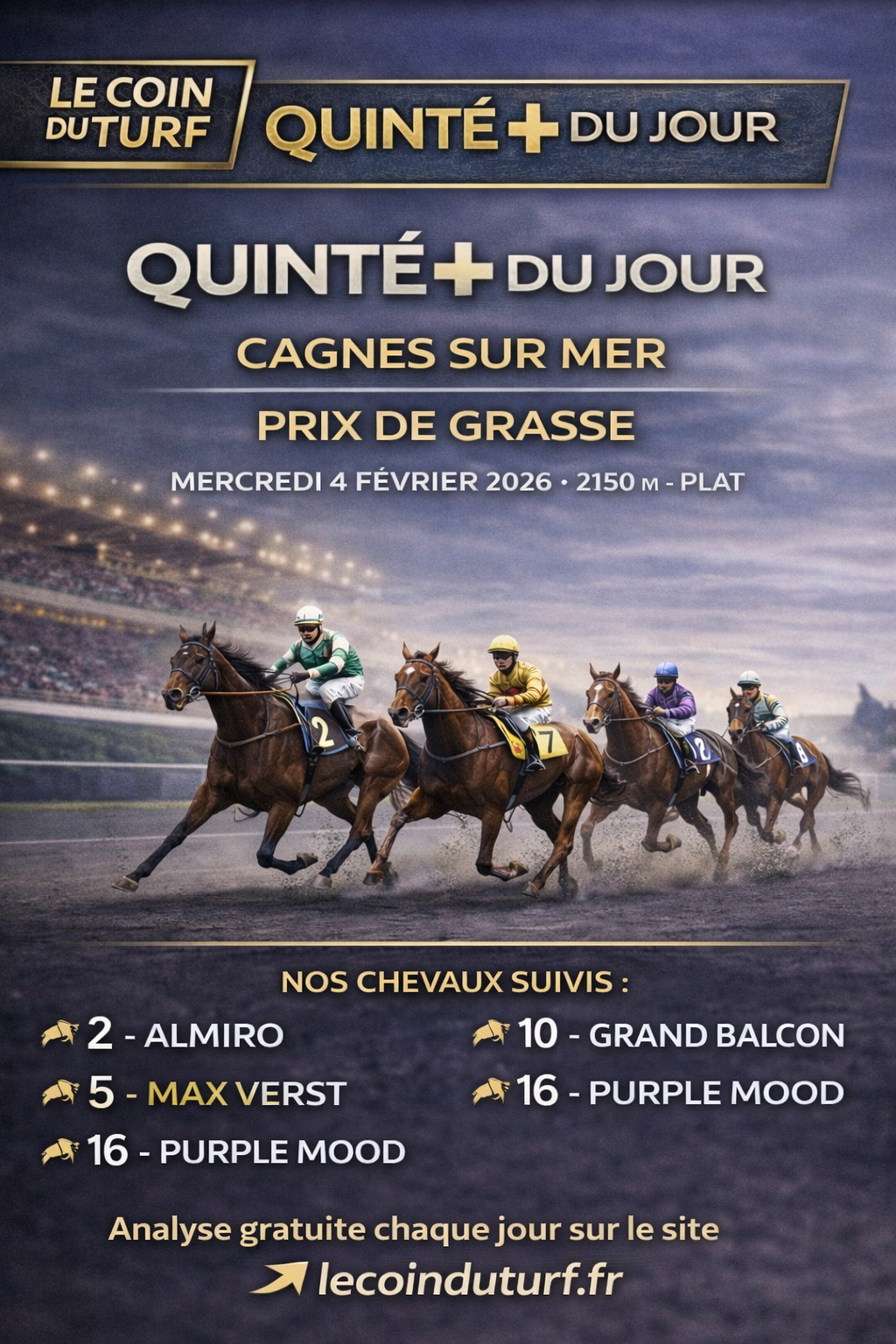 Analyse Quinté+ du jour – Prix de Grasse –  Mercredi 4 février 2026